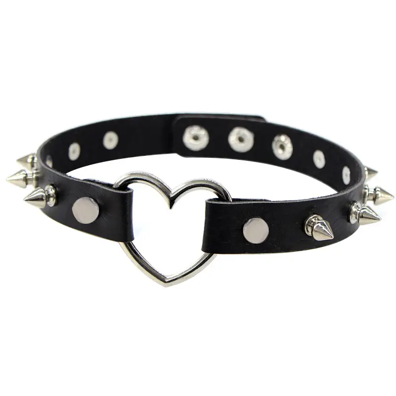 Women Spiked Heart Leather Choker Necklace Multi Color