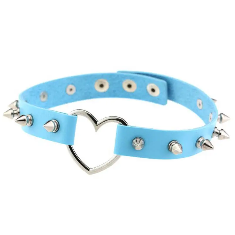 Women Spiked Heart Leather Choker Necklace Multi Color