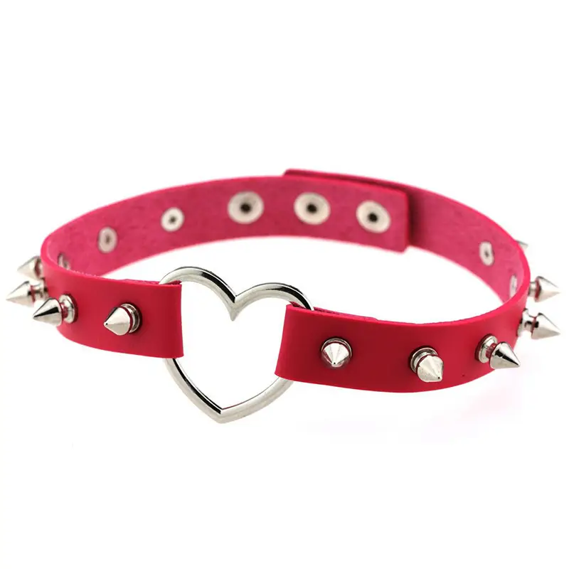 Women Spiked Heart Leather Choker Necklace Multi Color
