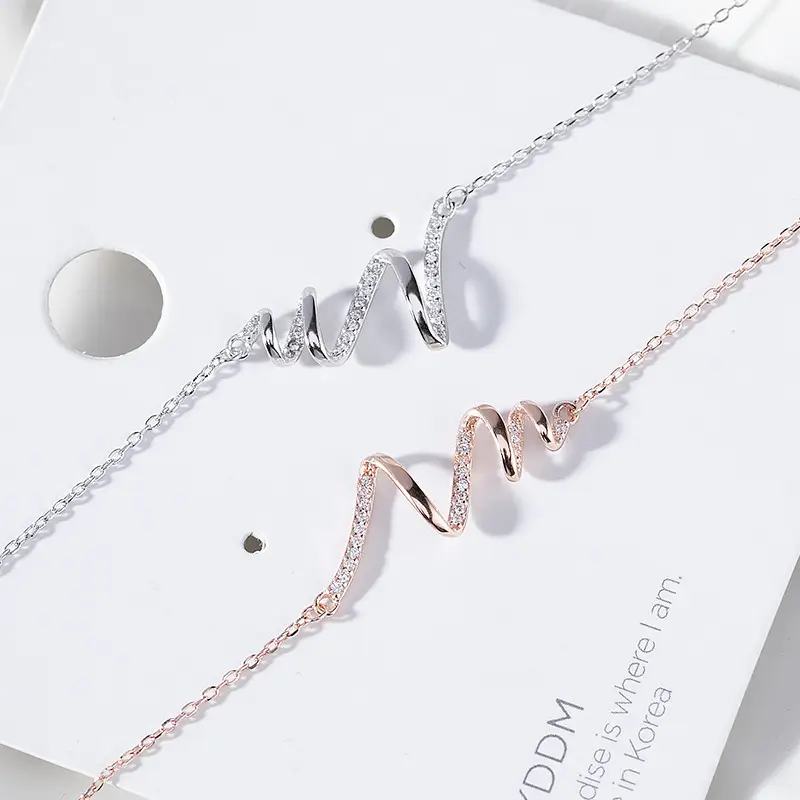 Women Heartbeat Necklace S925 Sterling Silver Rose Gold Sparkly Casual Jewelry