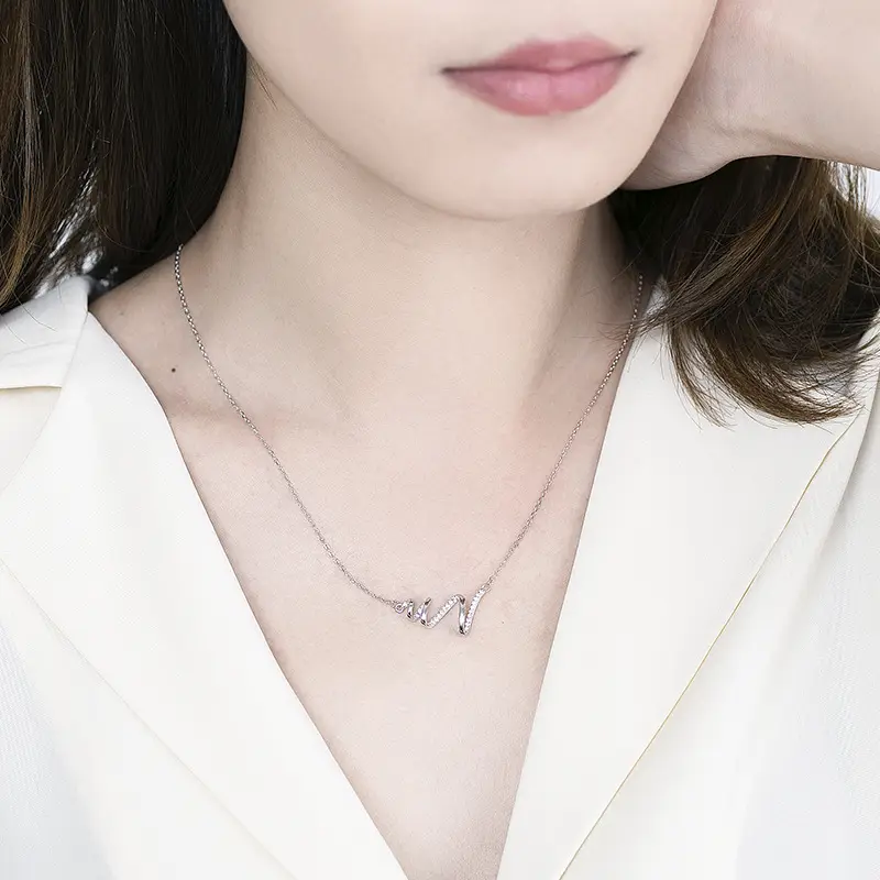 Women Heartbeat Necklace S925 Sterling Silver Rose Gold Sparkly Casual Jewelry
