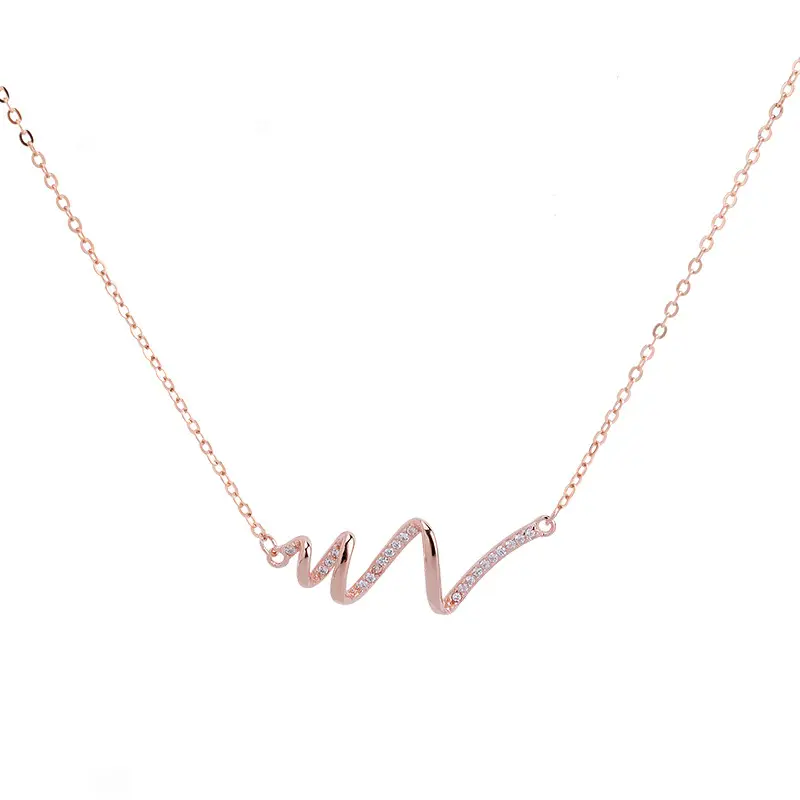 Women Heartbeat Necklace S925 Sterling Silver Rose Gold Sparkly Casual Jewelry