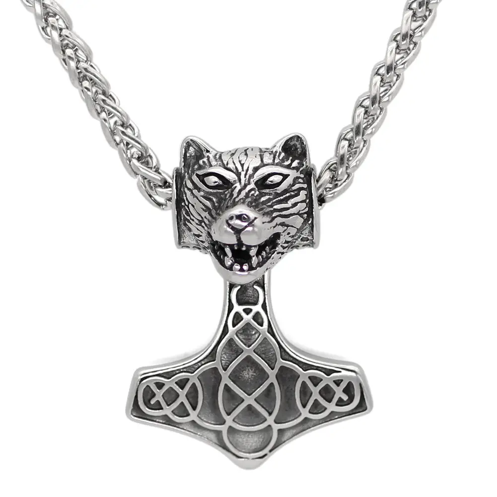 Nordic Viking Wolf Hammer Necklace Stainless Steel
