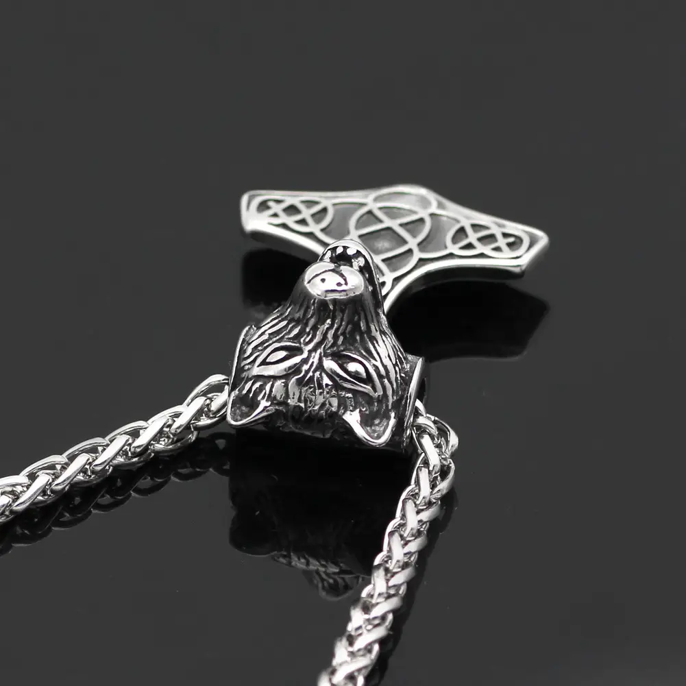 Nordic Viking Wolf Thor Hammer Necklace Stainless Steel