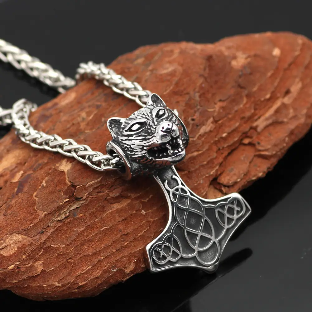 Nordic Viking Wolf Thor Hammer Necklace Stainless Steel