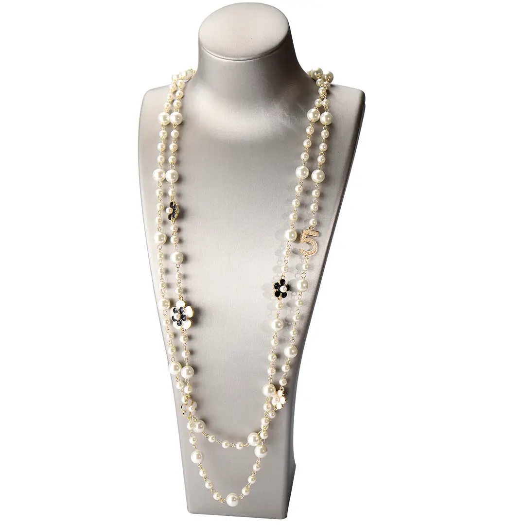 Pearl Multi-Layer Necklace with Flower & Number 5 Pendant