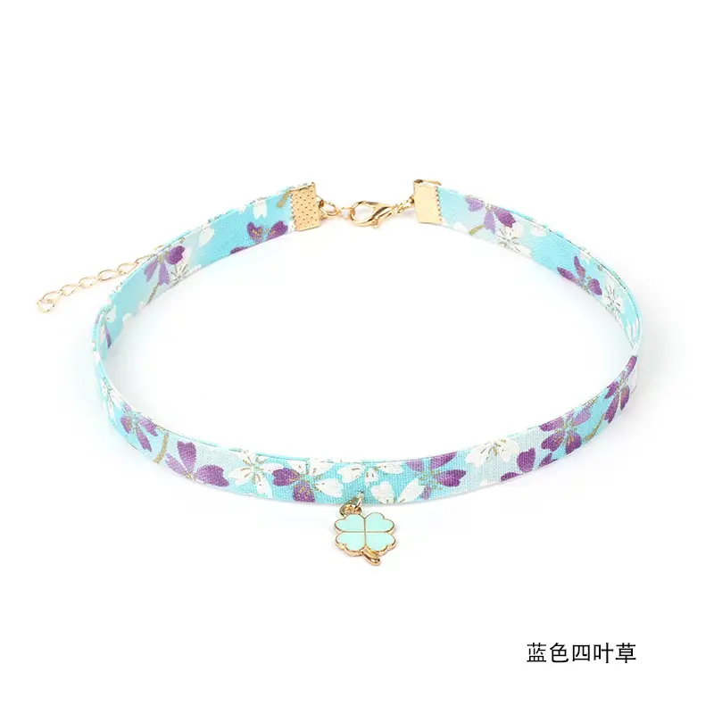 Japanese Style Velvet Choker Necklaces for Women with Cherry & Clover Charms