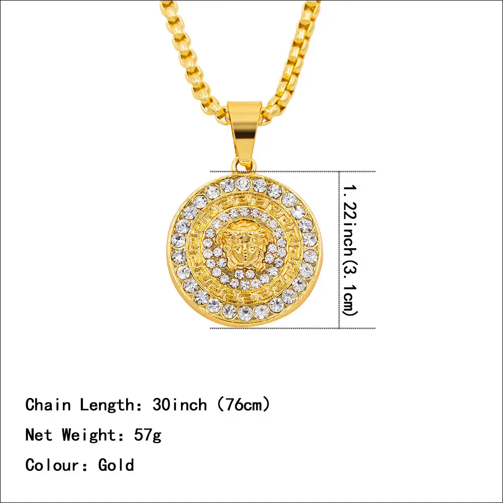 Gold Medusa Pendant Necklace for Men with Diamond Accents