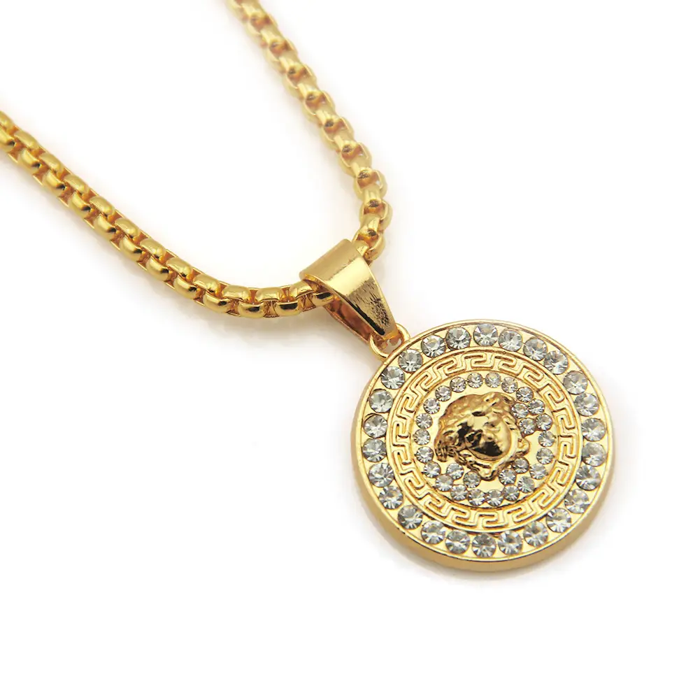 Gold Medusa Pendant Necklace for Men with Diamond Accents