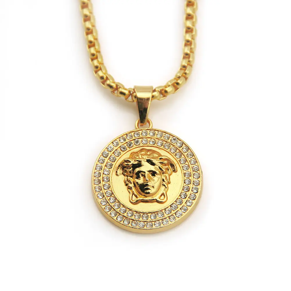Gold Medusa Pendant Necklace for Men with Diamond Accents