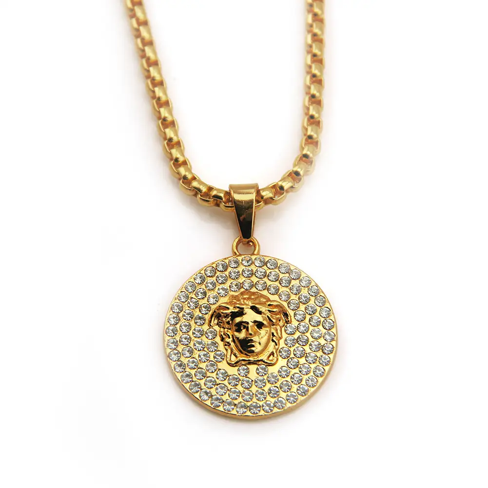 Gold Medusa Pendant Necklace for Men with Diamond Accents