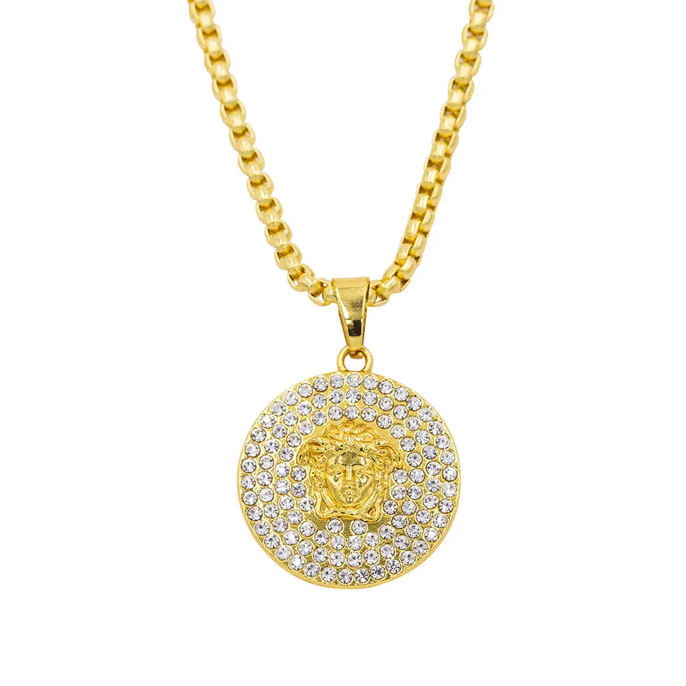 Gold Medusa Pendant Necklace for Men with Diamond Accents