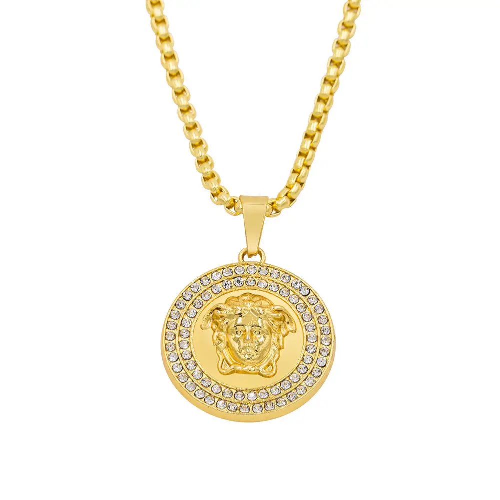 Gold Medusa Pendant Necklace for Men with Diamond Accents