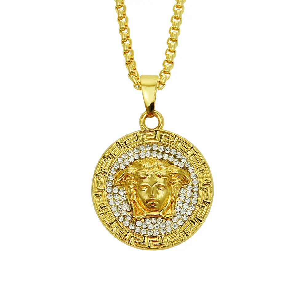 Gold Medusa Pendant Necklace for Men with Diamond Accents