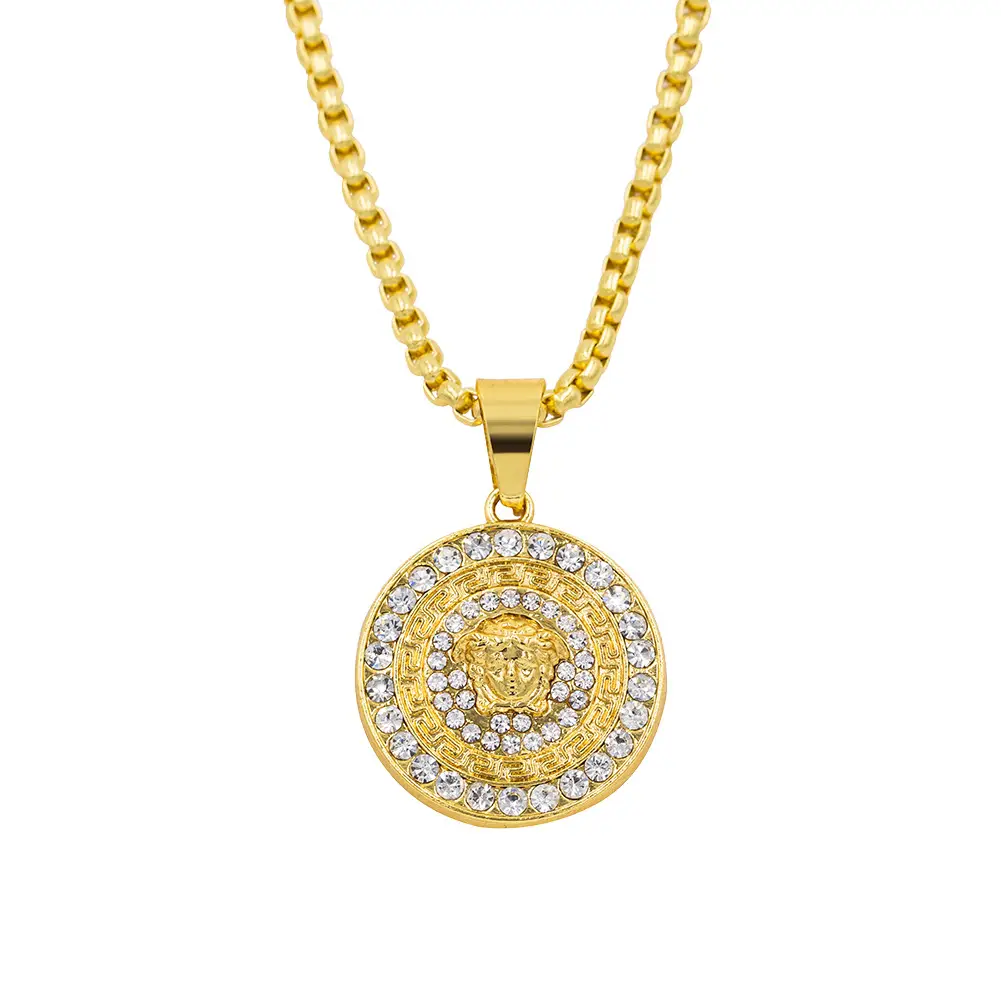 Gold Medusa Pendant Necklace for Men with Diamond Accents