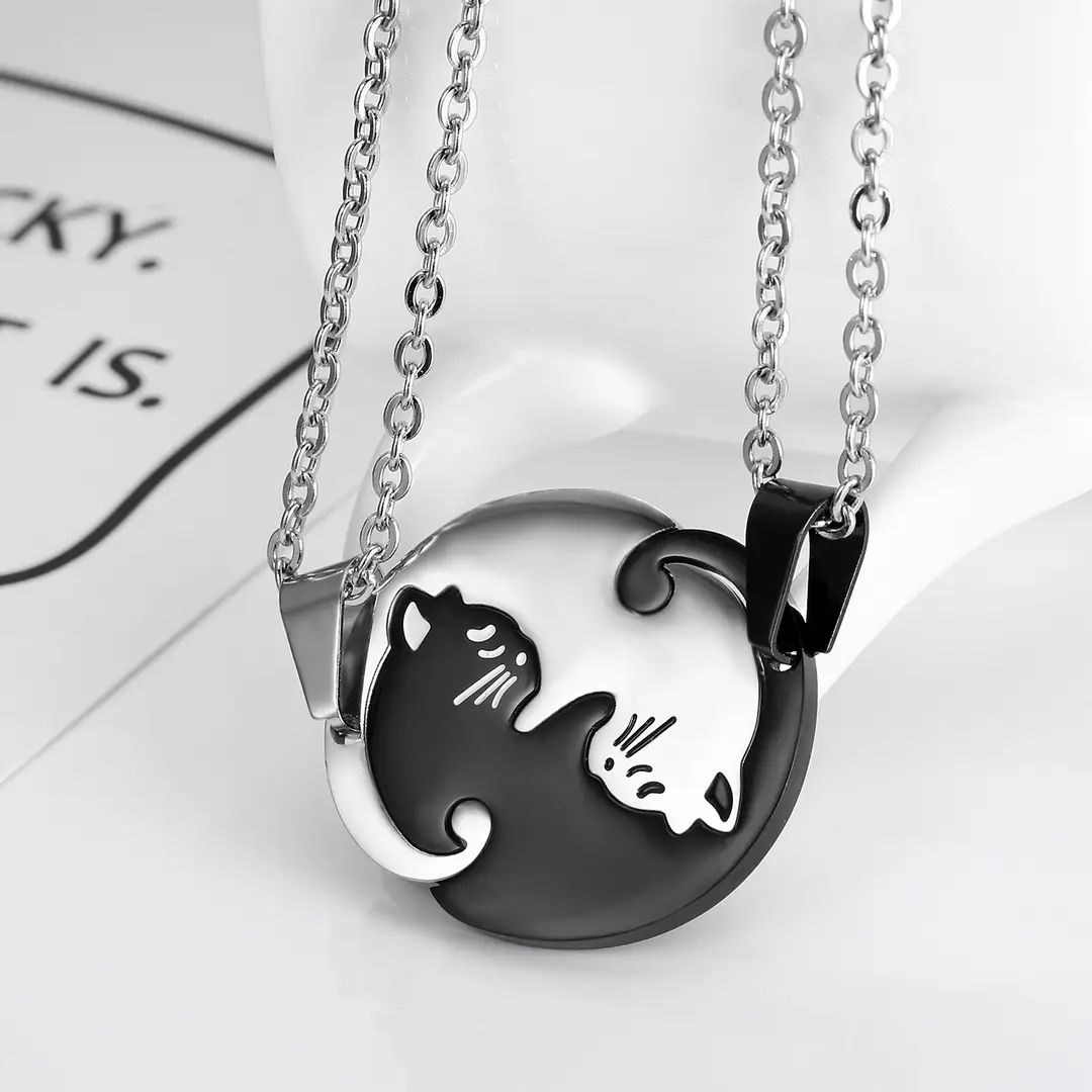 Cute Yin Yang Cat Couple Necklace Black White Stainless Steel