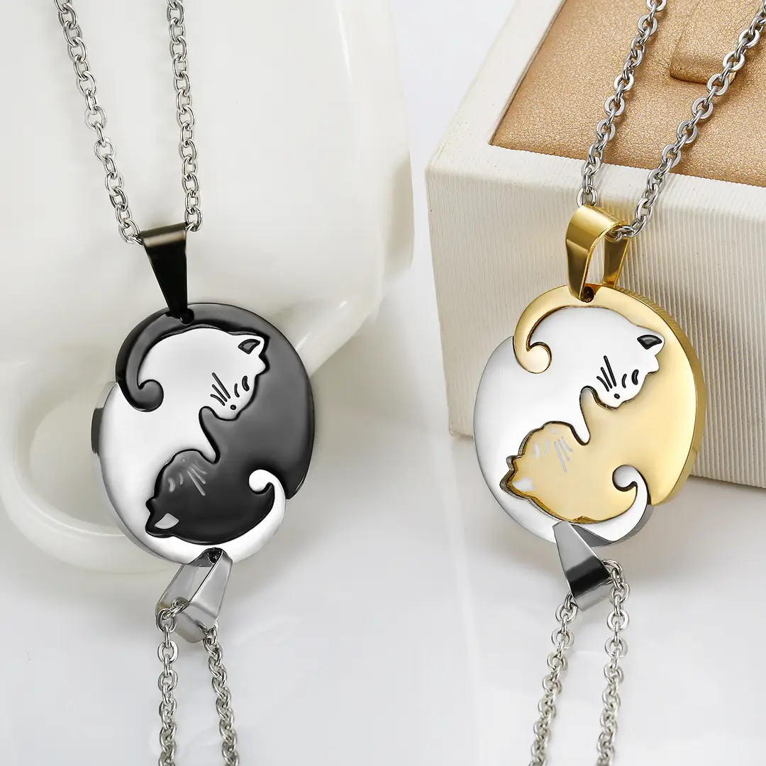 Cute Yin Yang Cat Couple Necklace Black White Stainless Steel