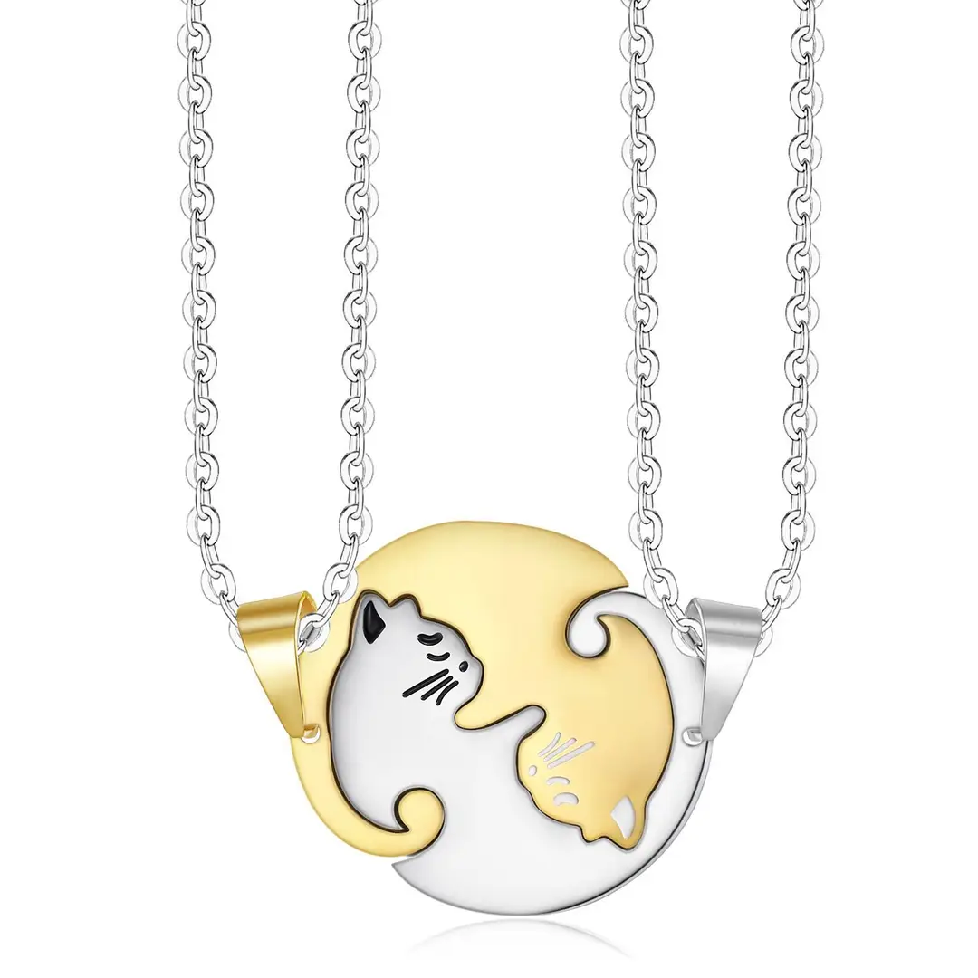 Cute Yin Yang Cat Couple Necklace Black White Stainless Steel