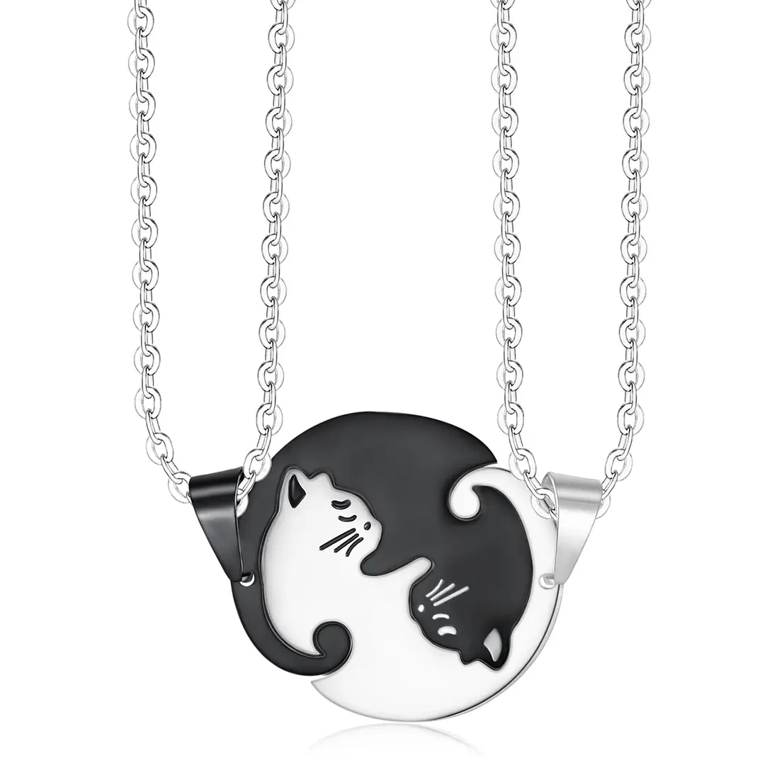 Cute Cat Couple Necklace Black White Stainless Steel