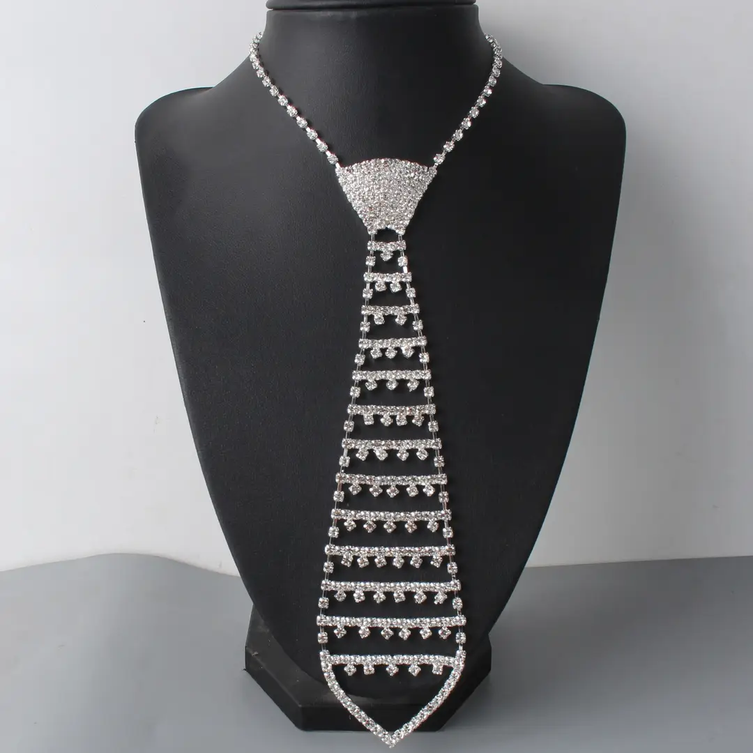 Silver Rhinestone Tie Necklace for Women