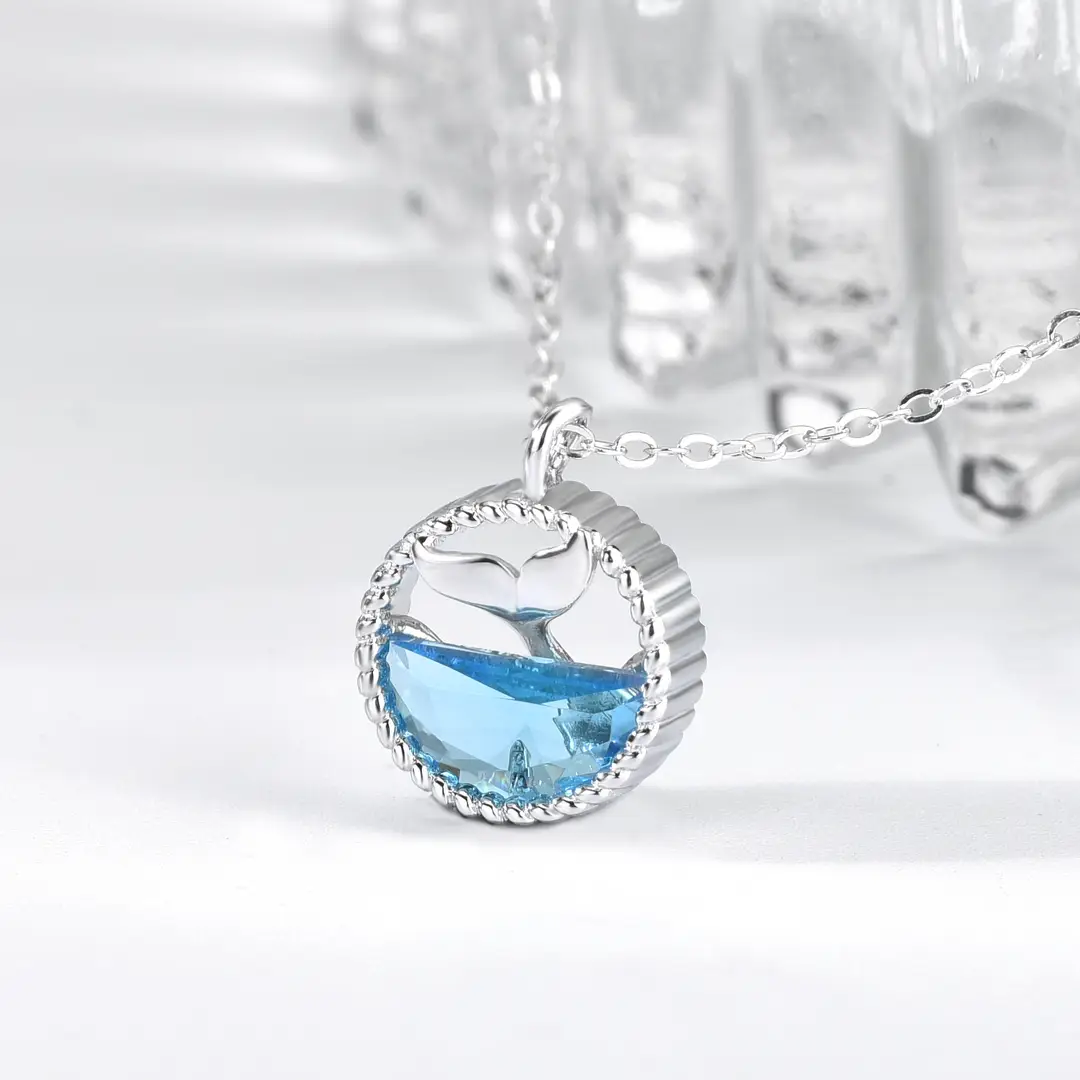 925 Sterling Silver Mermaid Tail Necklace Blue Zirconium Pendant