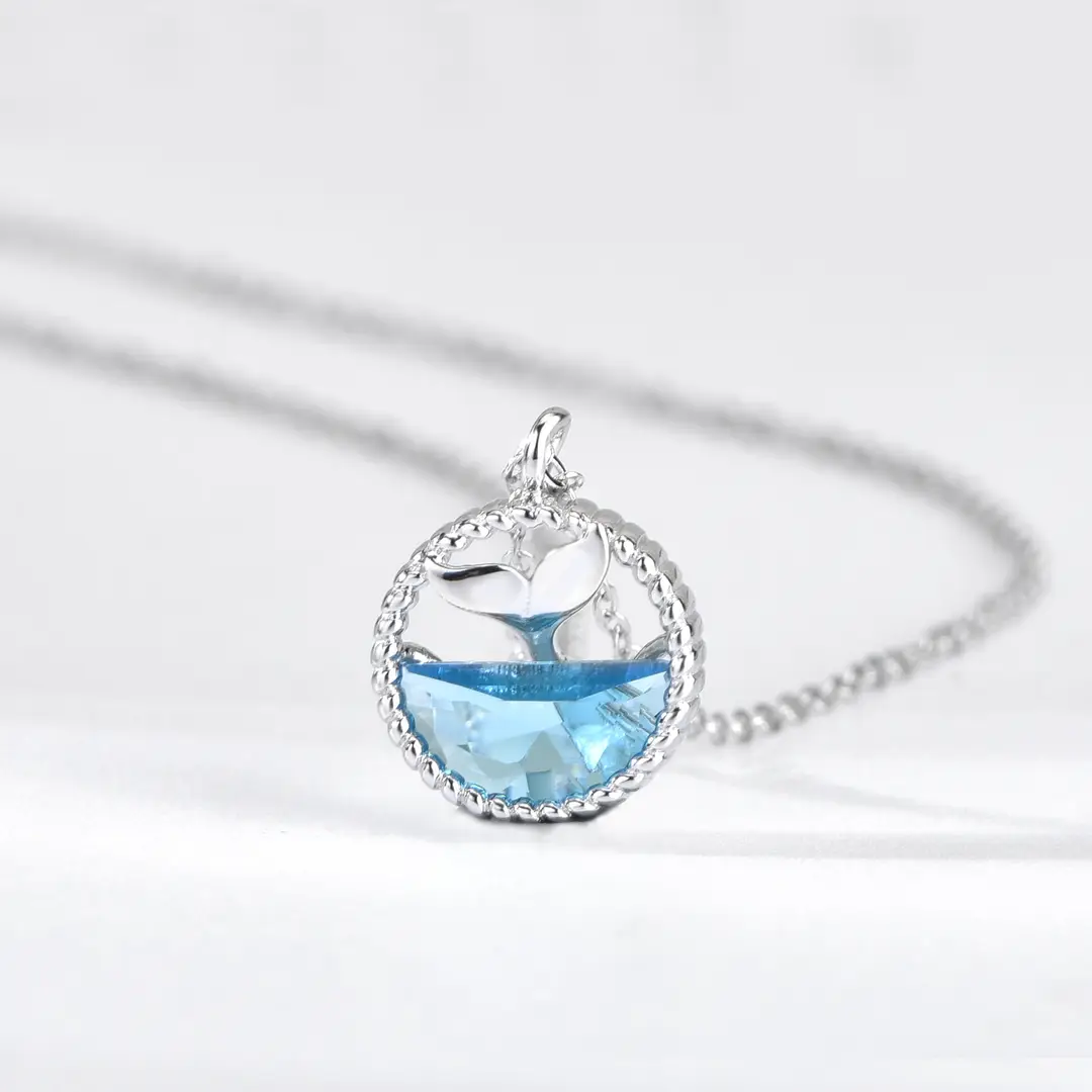 925 Sterling Silver Mermaid Tail Necklace Blue Zirconium Pendant