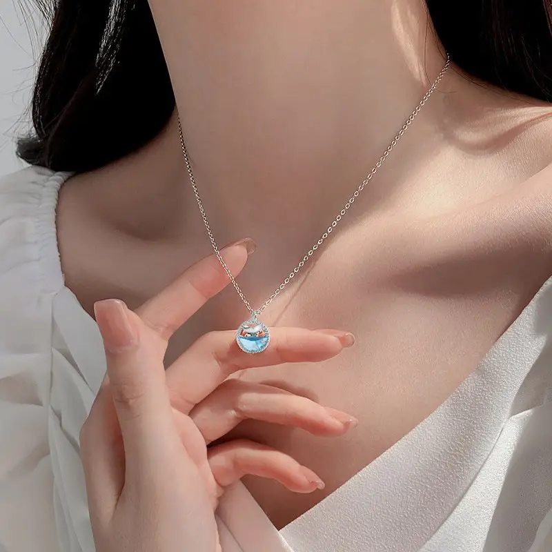 925 Sterling Silver Mermaid Tail Necklace Blue Zirconium Pendant