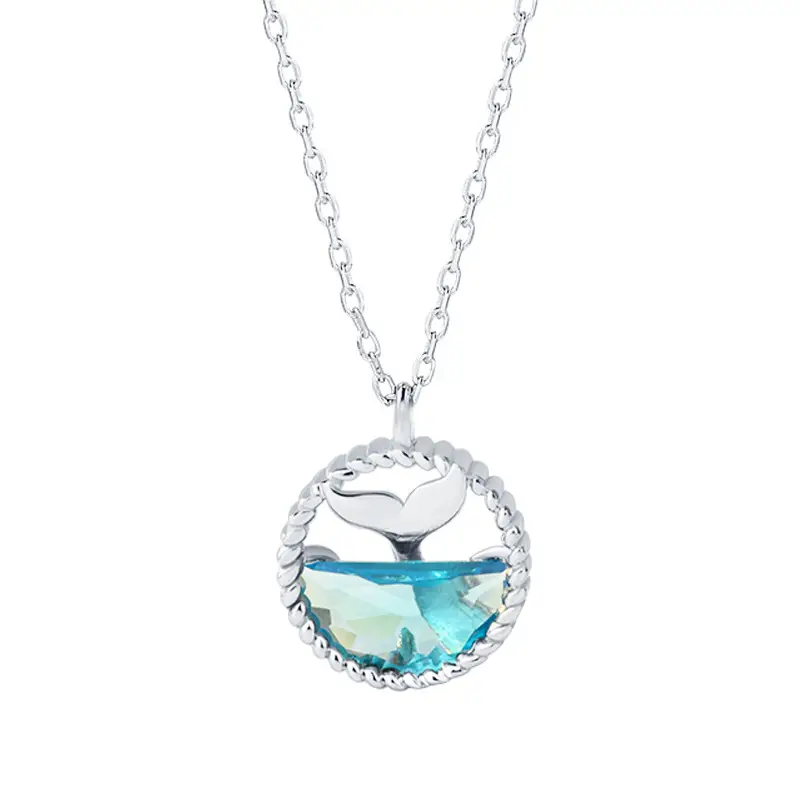 925 Sterling Silver Mermaid Tail Necklace Blue Zirconium Pendant