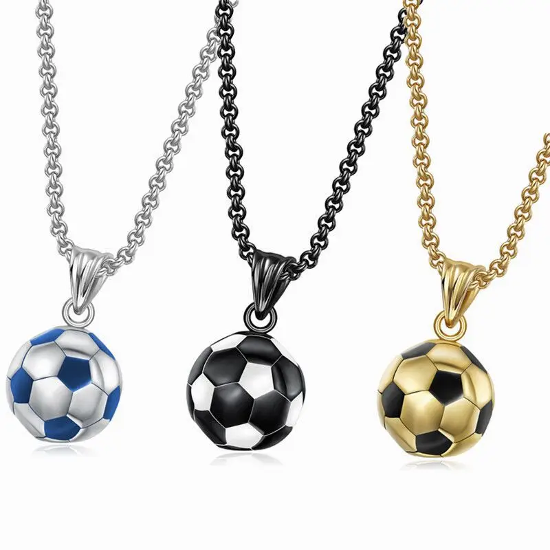 Football Necklace for Men Stainless Steel 3.0mm Chain Gold Black Blue