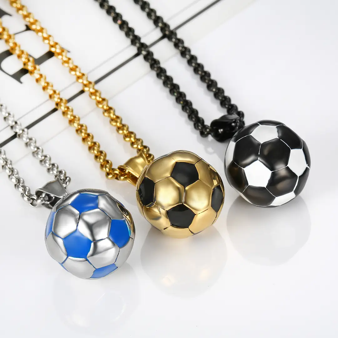 Football Necklace for Men Stainless Steel 3.0mm Chain Gold Black Blue
