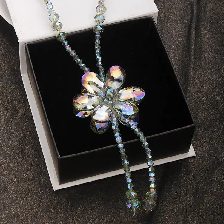 Women Crystal Flower Tassel Necklace Elegant Long Pendant Accessory