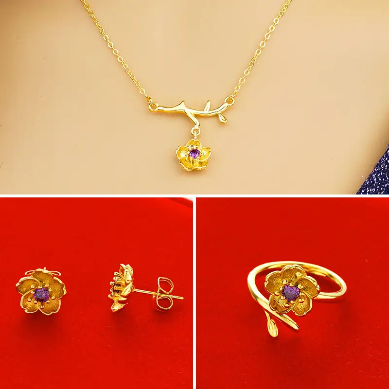 Women Gold-Plated Daisy Jewelry Set Necklace Ring Earrings