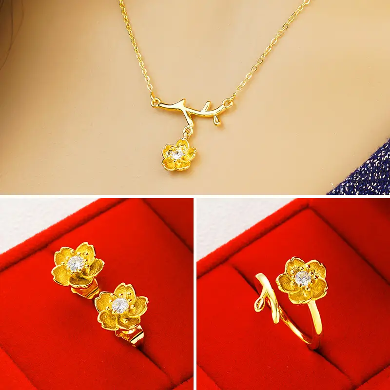 Women Gold-Plated Daisy Jewelry Set Necklace Ring Earrings