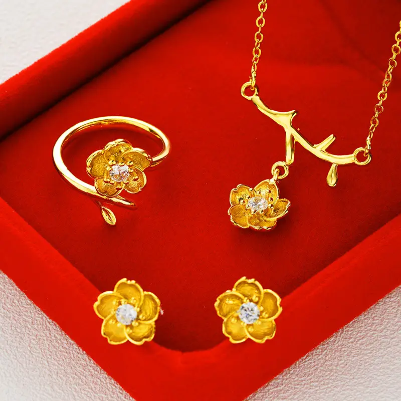 Women Gold-Plated Daisy Jewelry Set Necklace Ring Earrings