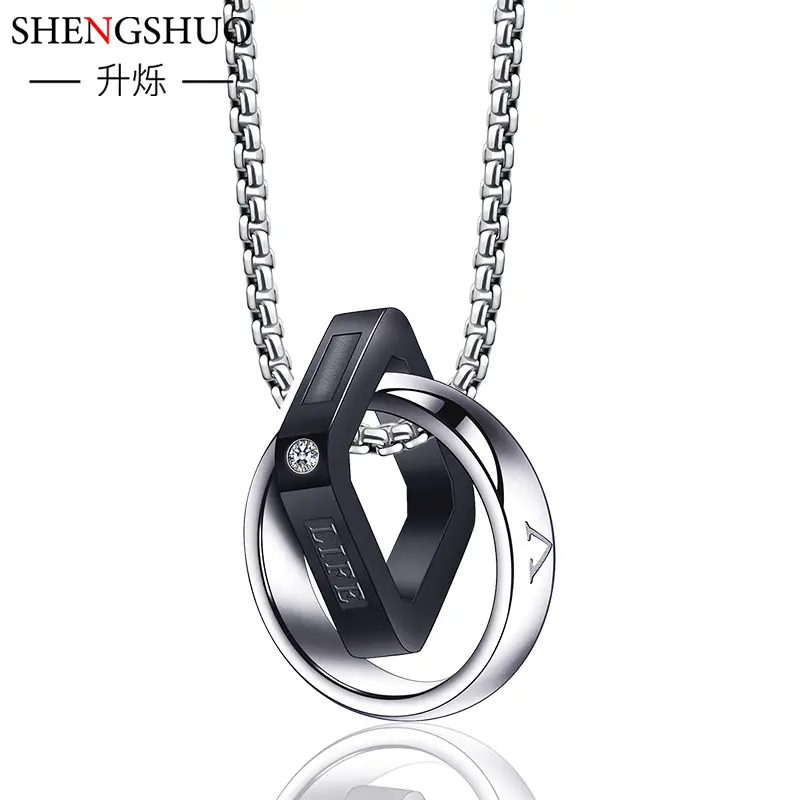 Men Double Ring Titanium Steel Necklace Black Chain