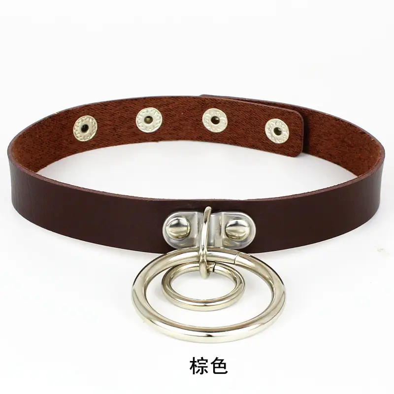 Women Double Ring Leather Choker Necklace Red Pink Blue Black