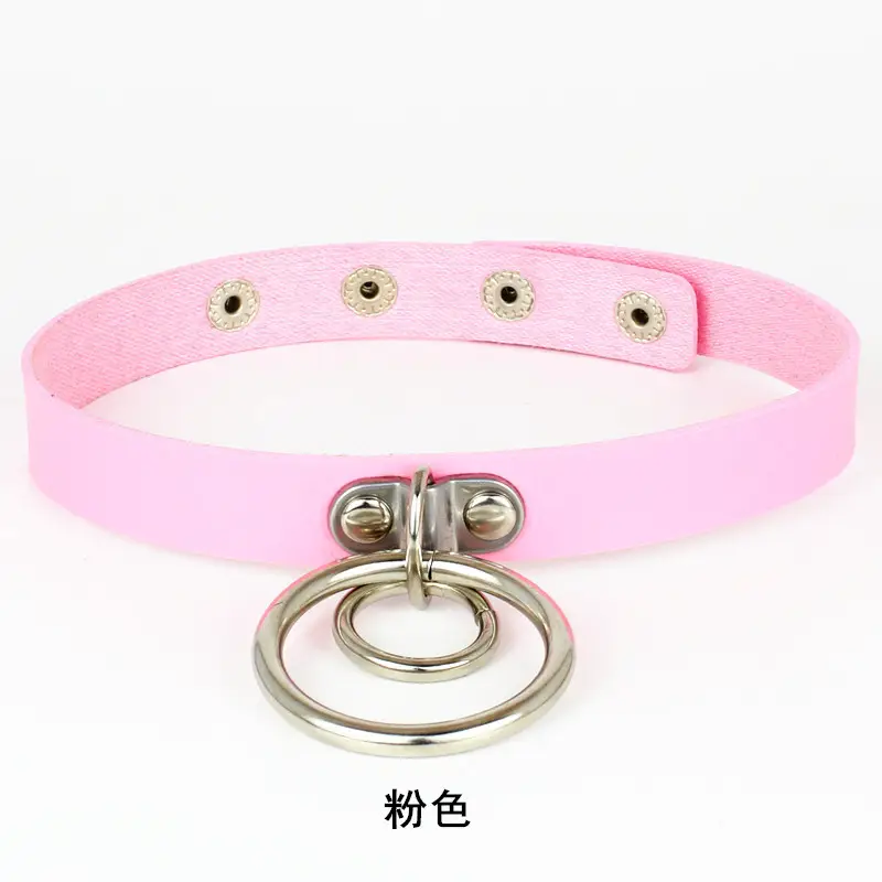 Women Double Ring Leather Choker Necklace Red Pink Blue Black