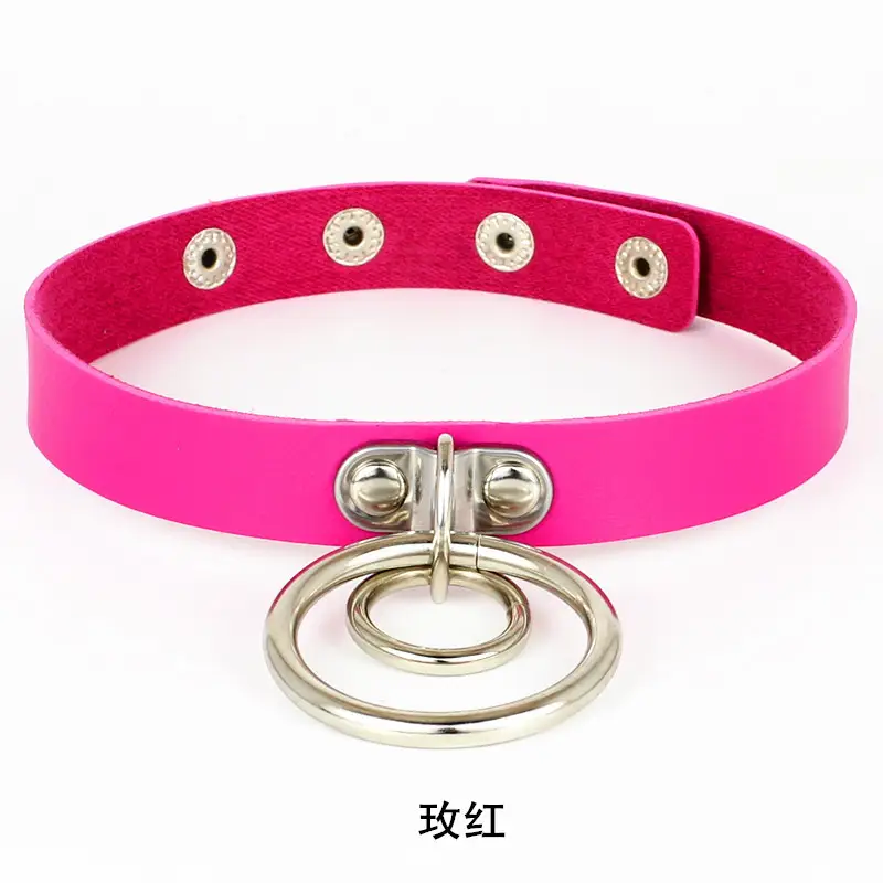 Women Double Ring Leather Choker Necklace Red Pink Blue Black