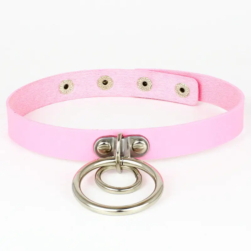 Women Double Ring Leather Choker Necklace Red Pink Blue Black