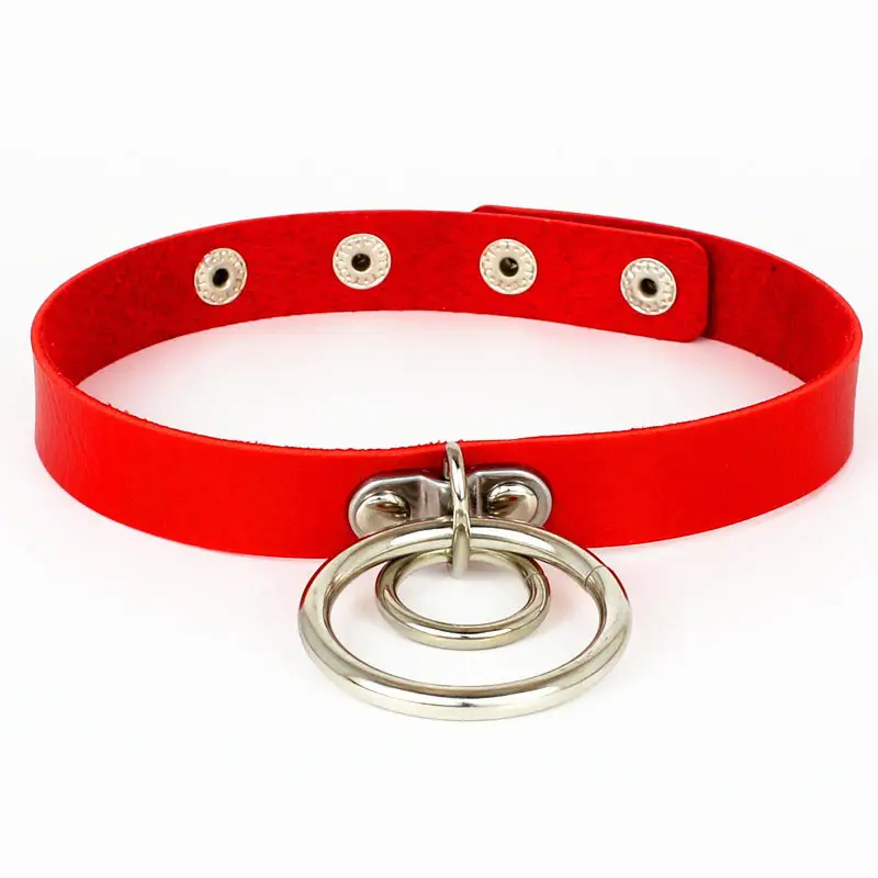 Women Double Ring Leather Choker Necklace Red Pink Blue Black