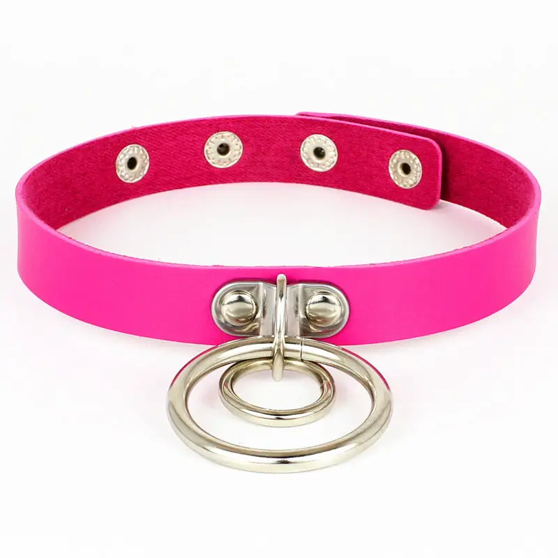 Women Double Ring Leather Choker Necklace Red Pink Blue Black