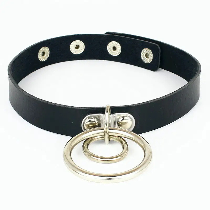 Women Double Ring Leather Choker Necklace Red Pink Blue Black