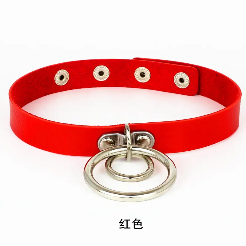 Women Double Ring Leather Choker Necklace Red Pink Blue Black