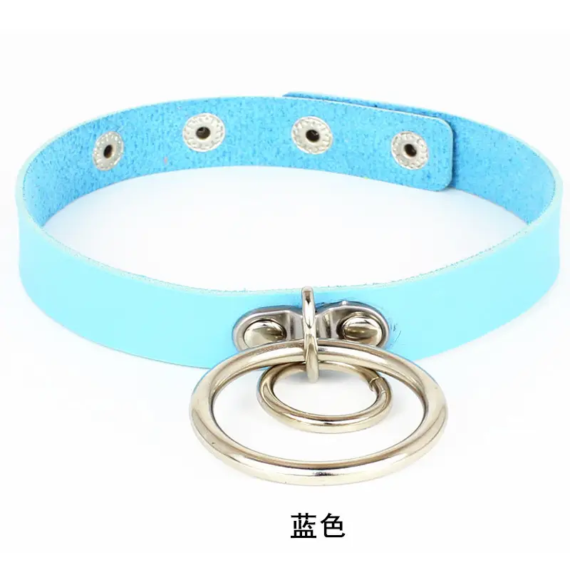 Women Double Ring Leather Choker Necklace Red Pink Blue Black