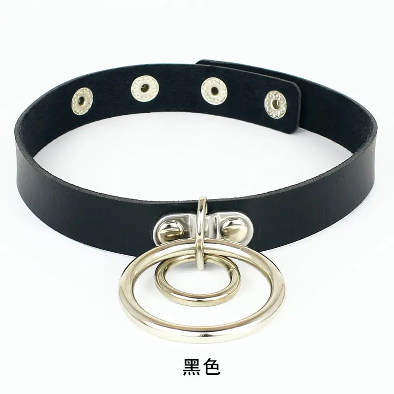 Women Double Ring Leather Choker Necklace Red Pink Blue Black
