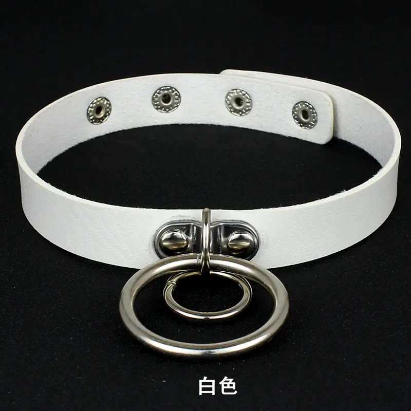 Women Double Ring Leather Choker Necklace Red Pink Blue Black