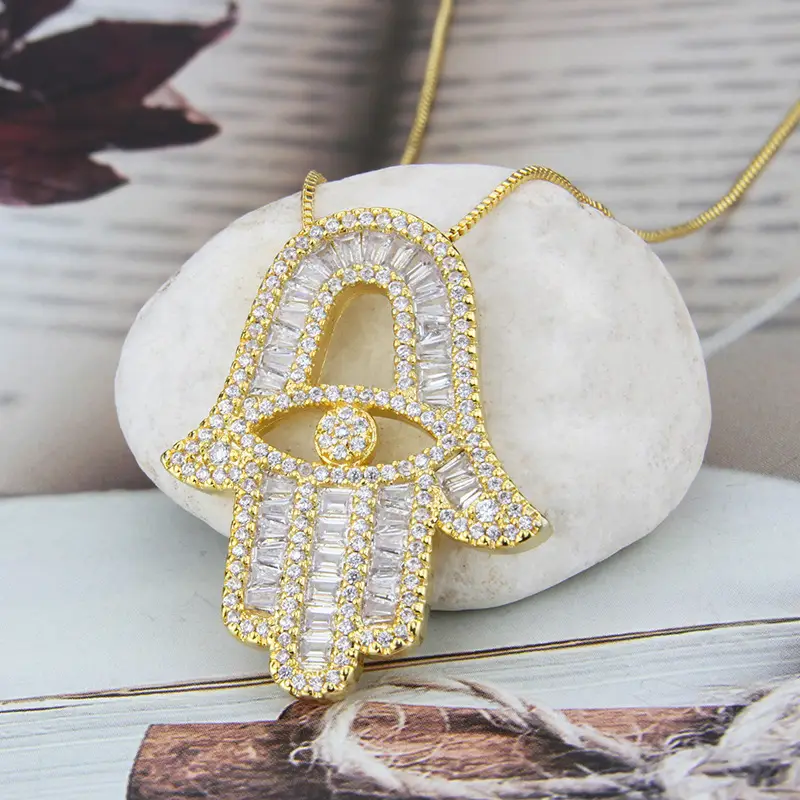 Gold Plated Hamsa Hand Pendant Necklace for Women