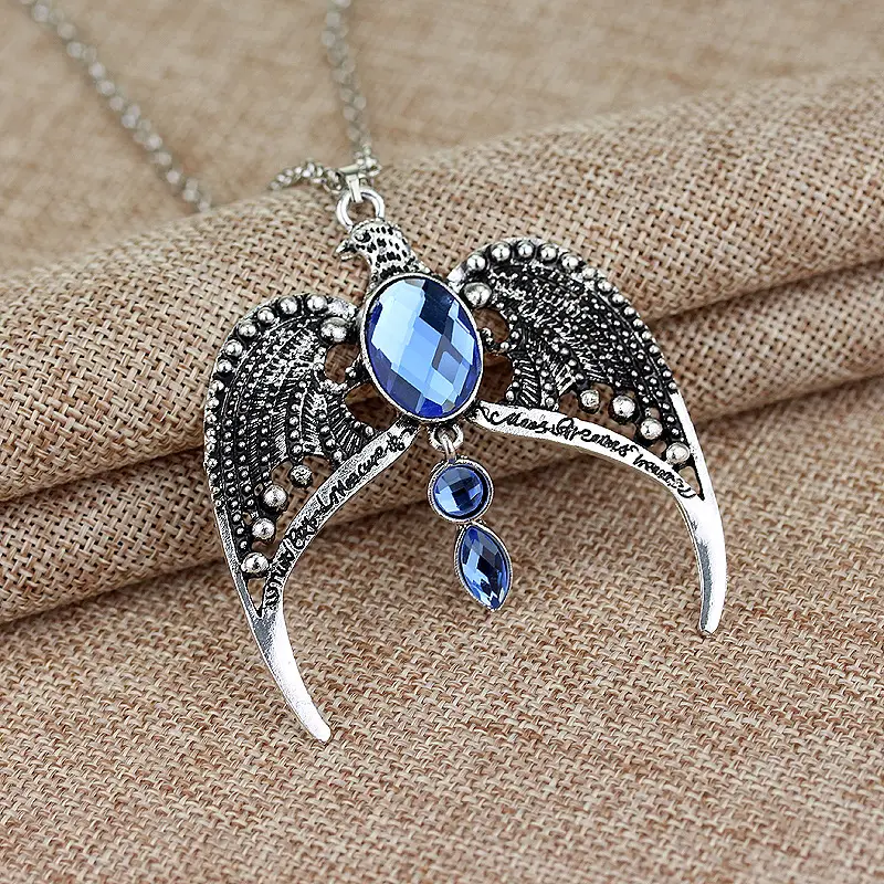 Vintage Wings Pendant Necklace Blue Crystal Silver