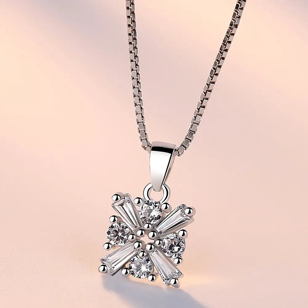 Silver Geometric Flower Pendant Necklace for Women