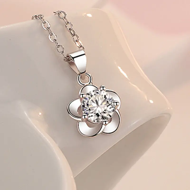 Plum Blossom Pendant Necklace with White Diamond Flower Design